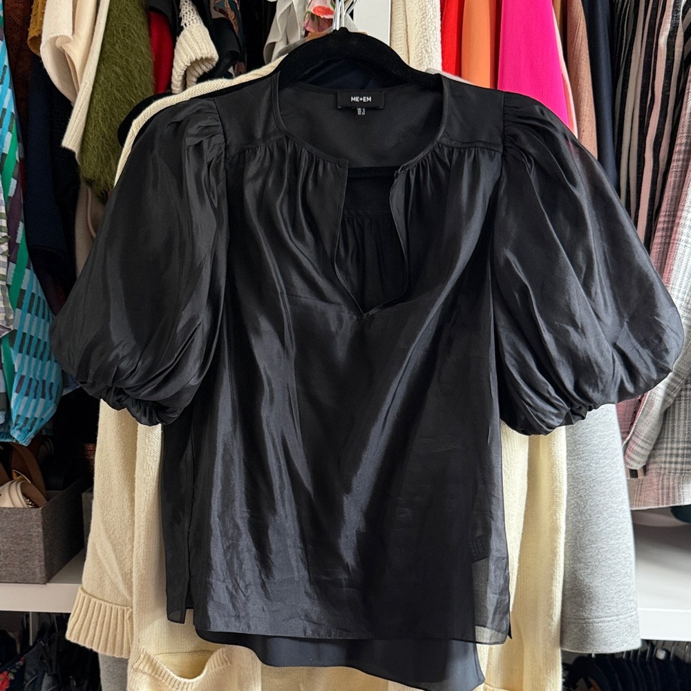 ME+EM Black Puff Sleeve Silk-Blend Blouse